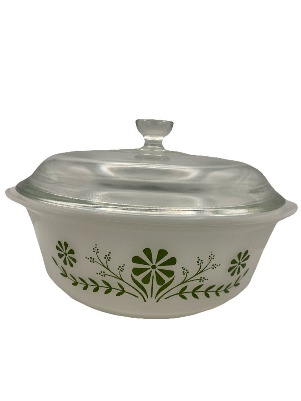 Glasbake Green Daisy 1.5 Quart Casserole Dish & Lid 9" 60s Vintage Kitchen J2600
